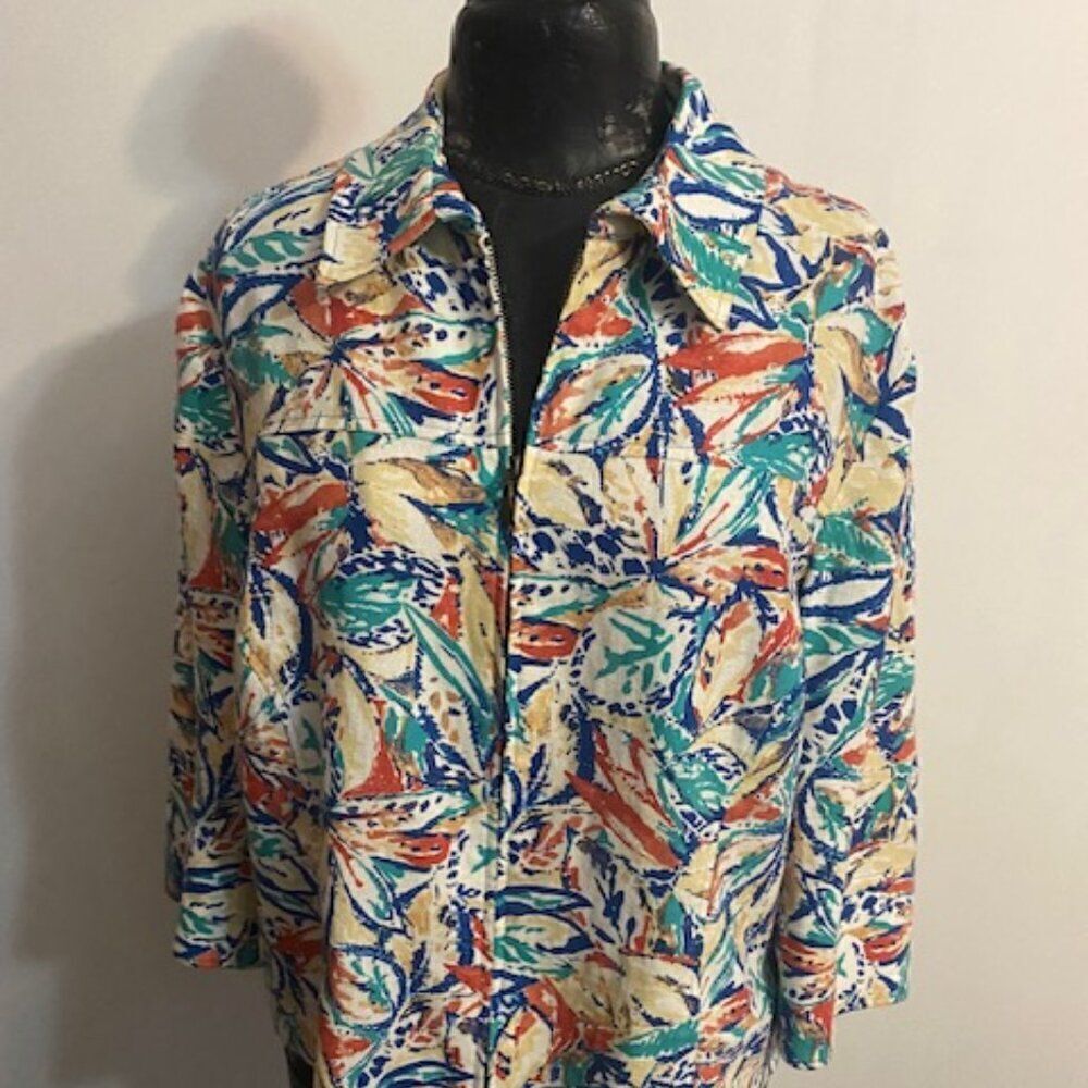 Coldwater Creek Watercolor Linen blend zip front 3/4 sleeves blazer, size 1X